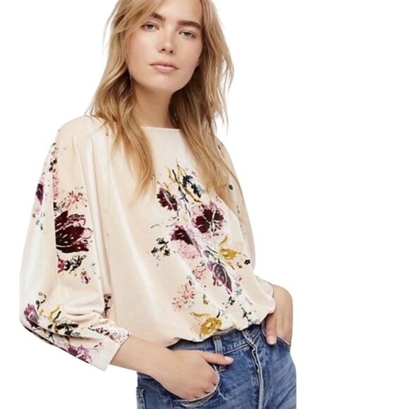 Free People Intimately Babe Bodysuit Size Small Velvet Floral Slouchy Beige Bohe - Picture 2 of 8